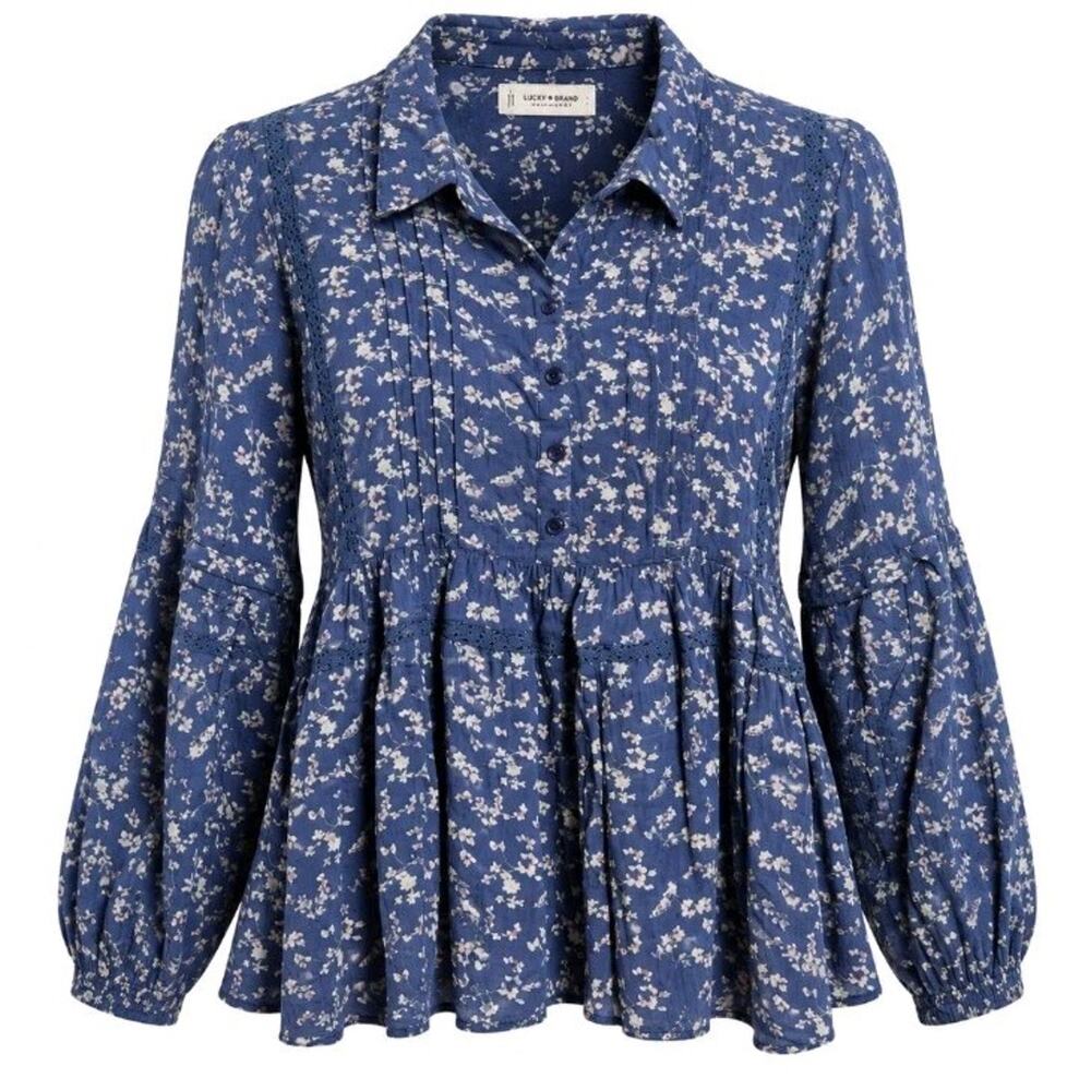 Lucky Brand Blue Floral Peplum Blouse Long Sleeve Boho Cottagecore Womens Large